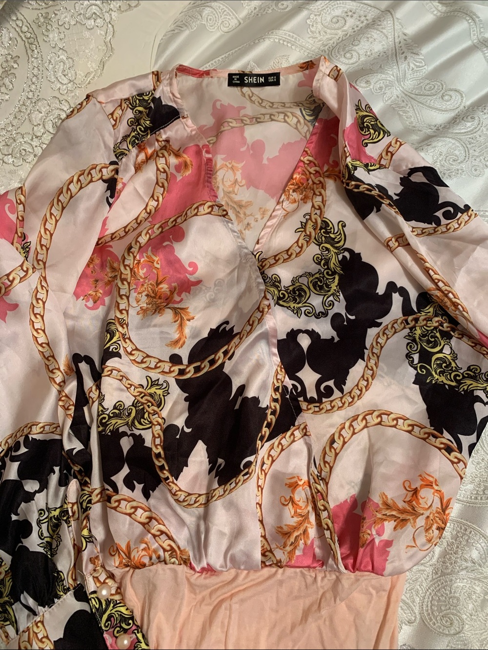 SHEIN Pink & Black Chain-Print V-Neck Blouse
